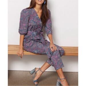 Evereve Jumpsuit Womens Small Ember Paisley Puff Sleeve Boho Belt Artsy Eclectic